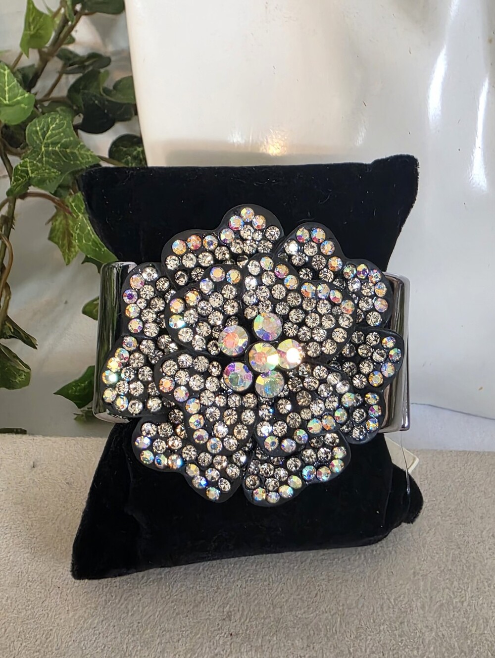 Oversized AB Rhinestone Flower Stretch Cuff Bracelet Metallic Gunmetal Glitz